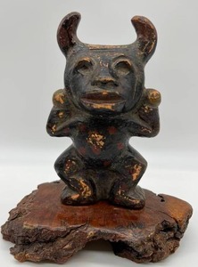 Vintage Aztec Terra Cotta Devil Statue mounted on a Burlwood Wood Base