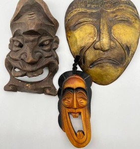Lot of 3 Vintage Face Masks, Japanese, Korean, African Wall Decor