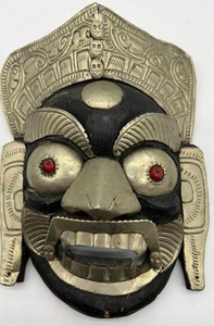 Antique Tibetan Carved Wooden Mask Fierce Mahakala Metal Skull Details