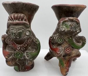 Vintage Set of 2 Clay Pottery Aztec Mayan Folk Art Small Urn Vases
