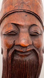 Vintage Happy Asian Wood Carved Face Bamboo Root Wall Hanging