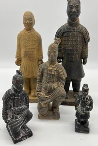 Lot of 5 Terracotta Standing & Kneeling Japanese Warriors Statues