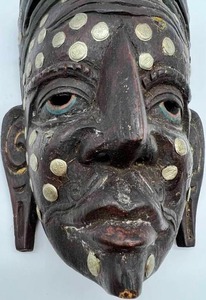 Vintage Carved Wood Tribal Mask with Round Metal Pieces
