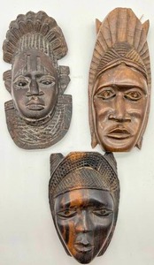 3 Benin African Sculpture Masks Wall Decor Collectibles