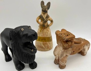 Lot of 3 Vintage Figurines Carved Wood Lion and Clay Dragon & Egyptian Anubis Jackal