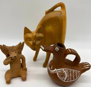 Lot of 3 Figures - Carved Wood Cat, Mexican Clay Duck and Bull