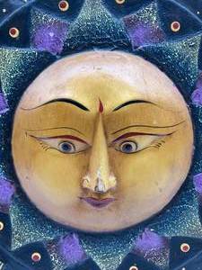 Painted 3D SUN Face Carved Wood Wall Plaque