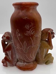 Vintage Soapstone SEE NO EVIL Shoushan Monkey Vase Toothpick Holder