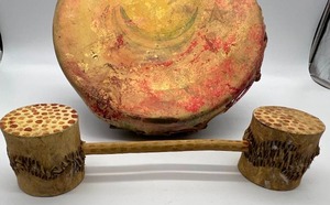 Vintage African Tabor Drum w Hide Drumstick Shaker Tribal Instruments