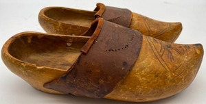 Antique Wood & Embossed Leather Wooden Dutch Clogs