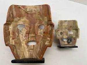 Set of 2 Semi-precious Shells & Stone Mayan Aztec Death Masks Mounted on Bases