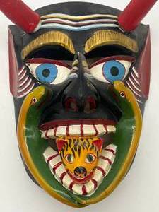 Vintage Mexican Carved Wood Folk Art Mask Figural Devil Mascara Diablo Tuzbel