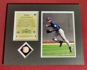 lot 91 image: 2001 Upper Deck Ichiro Piece of the Action Game-Used Baseball Patch Display