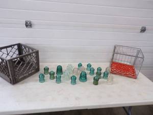 20 Vintage Insulators and 2 Milk Crates
