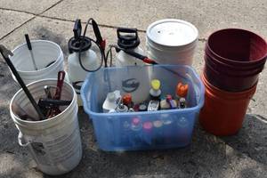 lot 42 image: Buckets, Assorted Bug RepellantBug Killer, Assorted Tools - See Pictures