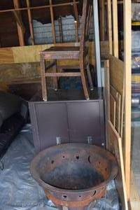 lot 44 image: Scrap Lot, Metal Firepit, Filing Cabinet, Wooden Chair