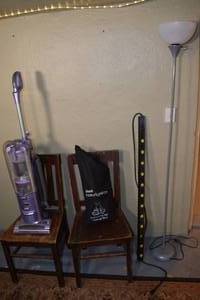 lot 123 image: Chairs, Shark Vaccum, Powerstrip & Lamp