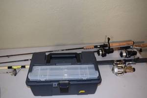 lot 144 image: 3 Fishing Rods, 3 Reels, and a Tackle Box - See Pictures