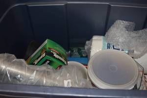 lot 148 image: Bin of Assorted Goods, Rolling Metal Stand, Laptop Bag