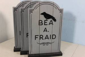 lot 11 image: 3ct Bea A. Fraid 15 Wooden Headstone Halloween Decoration