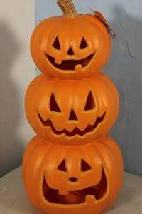 lot 32 image: Light Up Triple Stacked Pumpkin Orange Halloween IndoorOutdoor Decorative Prop - Hyde & EEK Boutique
