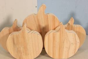 lot 187 image: 5ct Mondo Llama Halloween Craft Raw Wood Pumpkin Hanging or Free Standing Variable Size