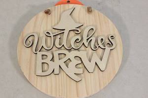 lot 107 image: Mondo Llama Unfinished Raw Wood Witches Brew Halloween Sign 11.5x1 inch