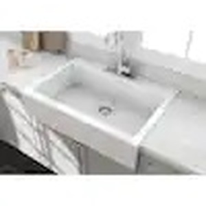 lot 25 image: Glacier Bay Farmhouse Apron-Front Fireclay 34 in. 3-Hole Single Bowl Kitchen Sink in White with Bottom Grid
