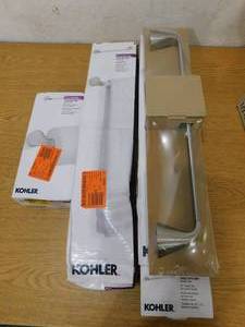 lot 87 image: (2) KOHLER Cursiva 18 in. Towel Bar in Vibrant Brushed Nickel & matching paper holder