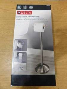 lot 58 image: Delta Greenwich Telescoping Pivoting Free-Standing Toilet Paper Holder in SpotShield Brushed Nickel