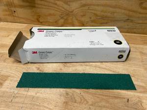 lot 59 image: 3M Green Corps Stikit Sheet, 02232, 2-34 in x 16 12 in, 36 Grade, Pack of 100 Production Sheets, for Coating Removal, Metal Surfaces, Auto Sanding (081523166)