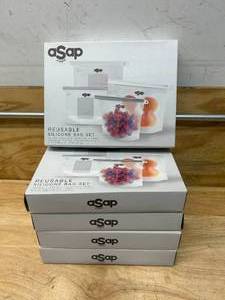 lot 106 image: ASAP SIMPLE Lot of 5 Sets of- ASAP SIMPLE Silicone Reusable Kitchen Bags (4 per set), freezers, microwave, dishwasher safe