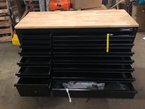 Husky 62 in. W x 24 in. D Heavy Duty 14-Drawer Mobile Workbench Cabinet with Adjustable Height Wood Top in Matte Black customer return see pictures