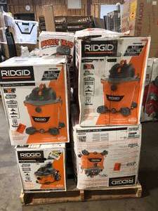 Pallet with assorted Ridgid Shop Vacs various models and conditions review pictures