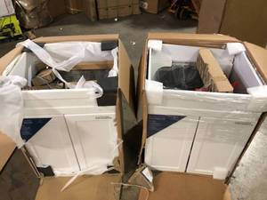 Lot of Glacier Bay All-in-One Stainless Steel 24 in Laundry Sink with Faucet and Storage Cabinet in White some damage customer returns see pictures