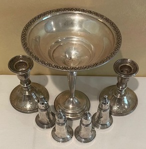 lot 53 image: Sterling Silver Candle Holders, Compote and Salt  Pepper Shakers