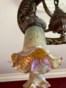 lot 10B image: Antique Ceiling Chandelier with Durand Glass Shades