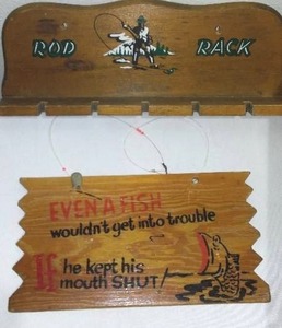 lot 520 image: Wood Fishing Sign & Rod Holder.
