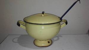 lot 513 image: Soup Tureen, Enamelware, and ladle.