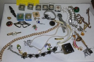lot 674 image: Jewelry, watches, union pins, and more.