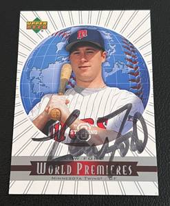 lot 90 image: Lew Ford Signed RC Card - Autographed on a 2003 Upper Deck #117 World Premiers, no COA but legit, Minnesota Twins Rookie Baseball Card