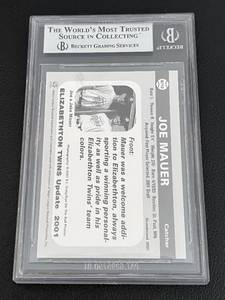 lot 107 image: Joe Mauer RC 2001 Elizabethtown Twins Update Grandstand #6 - Beckett Graded 9 Mint Minnesota Twins Rookie Card