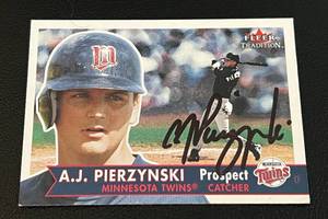 lot 114 image: AJ Pierzynski Signed Card - Autographed on a 2001 Fleer Tradition #357, no COA but legit, Minnesota Twins Baseball Card