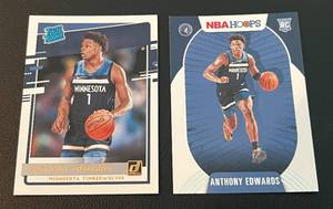 lot 238 image: Anthony Edwards 2 RCs - 2020-21 Donruss Rated Rookie #201 and Hoops #216 Minnesota Tinberwolves Rookie Card