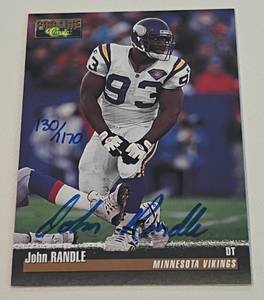 lot 241 image: John Randle Auto Card 1170 - 1995 Classic Pro Line Autographed, Limited Edition numbered 1301170 Minnesota Vikings Football Card