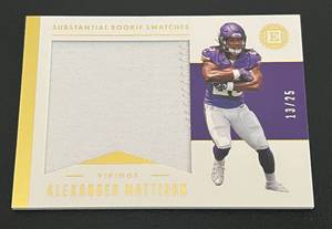 lot 248 image: Alexander Mattison RC Jumbo Patch 25 - 2019 Encased Football #SR52 Substantial Rookie Swatches 1325, very rare only 25 made Minnesota Vikings Football Card