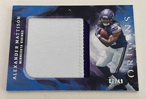 lot 274 image: Alexander Mattison RC Jumbo 2-color Patch 49, 2019 Origins #RJJ-24 numbered 0749 very rare only 49 made, Minnesota Vikings Football Card