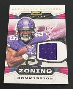 lot 281 image: Alexander Mattison Relic Jersey Card - 2022 Playbook Football Zoning Comission #ZC-12 Minnesota Vikings