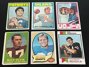 lot 298 image: NFL Vintage RC Lot of 6 - 1958 Milt Plum #5, 1970 Fred Dryer #247. 1972 #65 Jim Plunkett, #93 Ted Hendricks, #156 Dan Pastorini, and 1973 #34 Ken Anderson