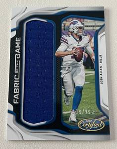 lot 307 image: Josh Allen Jersey Relic 299 - 2019 Certified Fabric of the Game #FG-JA numbered 208299 Rare Football Card